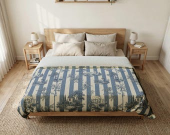 Funda nórdica de algodón con rayas azules estilo Toile para cama king size / Estampado vintage de casa de campo