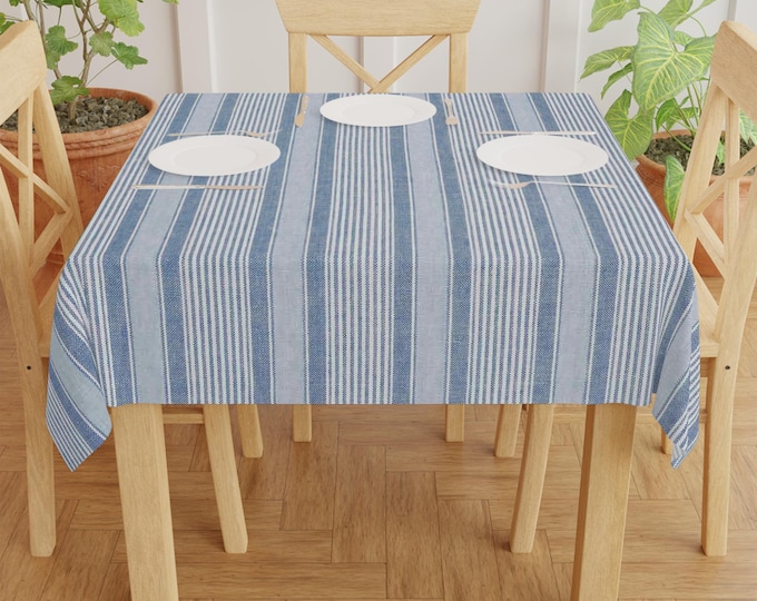 Blue Stripe Pattern Tablecloth | Coastal Farmhouse Dining Linen