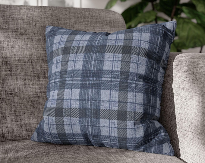 Blue Tartan Plaid Pattern Square Throw Pillow | Buffalo Check Canvas Accent Cushion (18"x18")