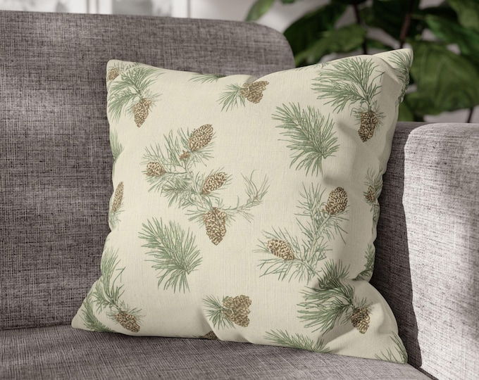 Pinecone Branches Square Throw Pillow | Botanical Pine Tree Canvas Accent Cushion (18"x18")