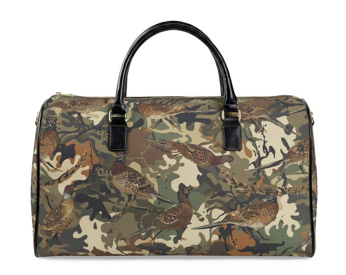 Camo Pheasant Pattern Leather Travel Bag | Hunting Camouflage Duffle | 20"x9.5"