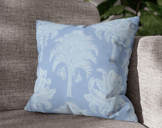Coastal Palm Tree Throw Pillow 18x18 | Blue & White Tropical Accent Pillow