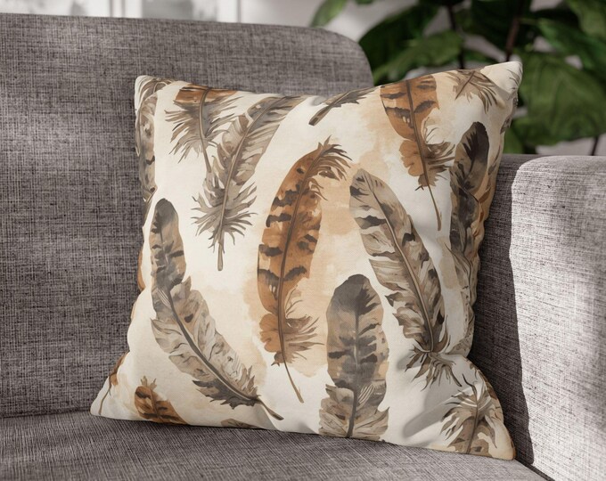 Watercolor Feather Pattern Throw Pillow | Square Poly Canvas Accent Cushion (18"x18")
