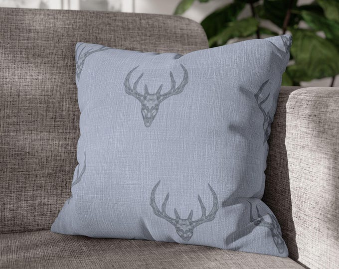 Deer Antler Pattern Throw Pillow | Rustic Blue Stag Skull Canvas Accent Cushion (18"x18")