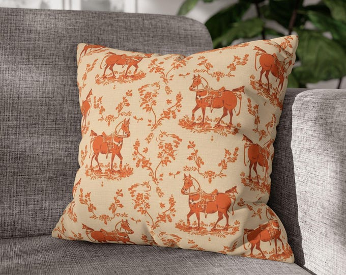 Orange and White Vintage Horse Toile Square Pillow | Rustic Farmhouse Decor | 18"x18"