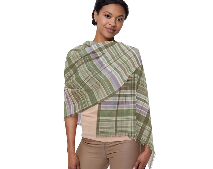 Preppy Green Tartan Plaid Lightweight Scarf | Luxury Stripe Checkered Resort Travel Accessory (27"x71")