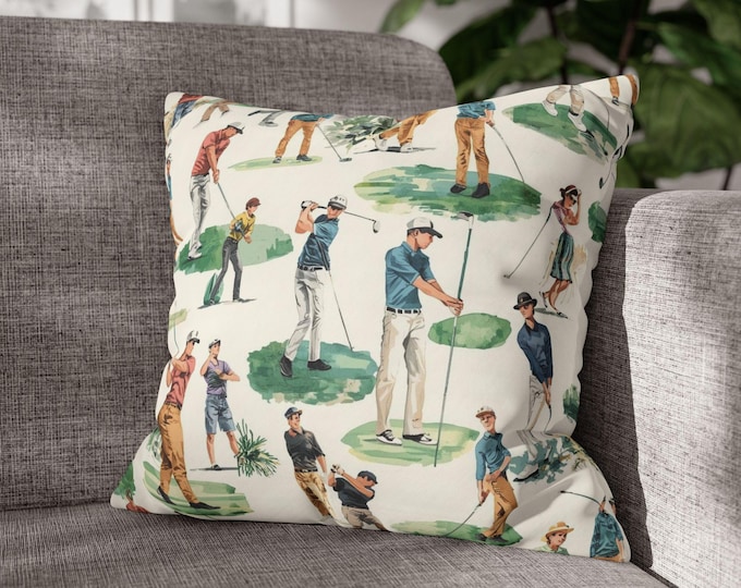 Vintage Golfers Pattern Square Pillow | Canvas Throw Cushion | 18"x18"