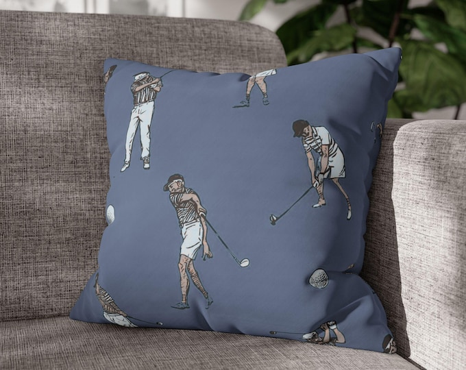 Vintage Female Golfer Pattern Square Poly Canvas Pillow Cushion | Golf Motif, Blue Background | 18"x18"