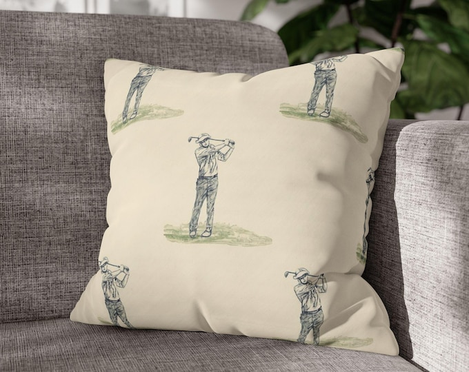 Vintage Golfer Pattern Pillow | Square Poly Canvas Cushion | 18"x18"