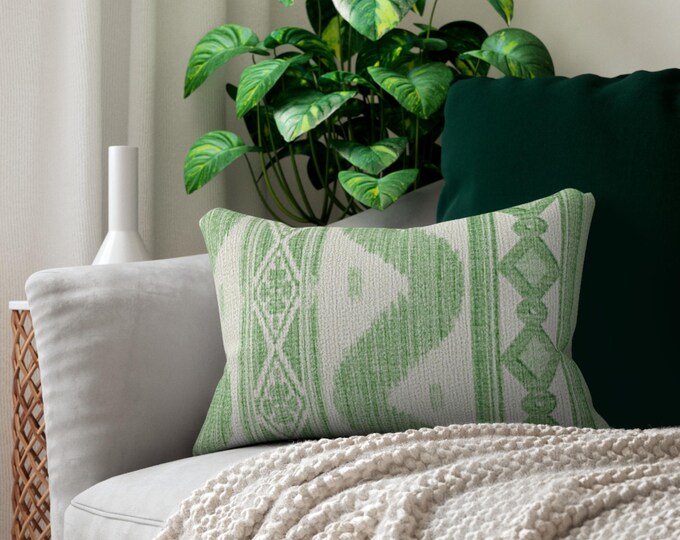 Green Aztec Pattern Lumbar Pillow | Boho Geometric Throw Pillow