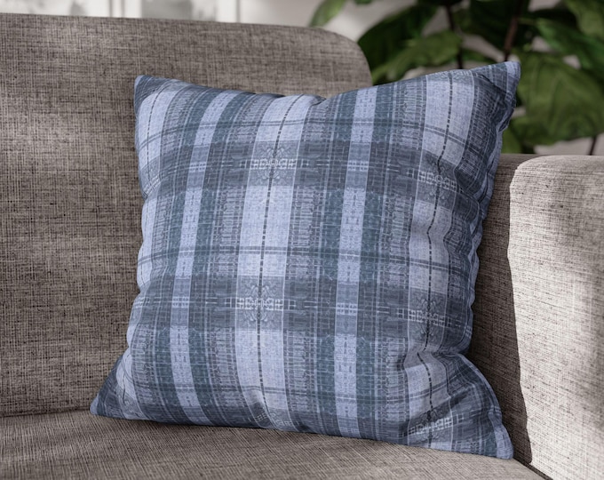 Blue Tartan Plaid Square Poly Canvas Throw Pillow | Cozy Stripe Check Accent Cushion | Preppy Cabin Lodge Cottage Decor (18"x18")