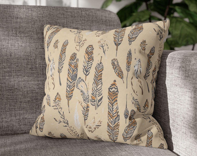 Boho Feather Pattern Square Pillow | Neutral Canvas Throw Pillow | 18"x18"