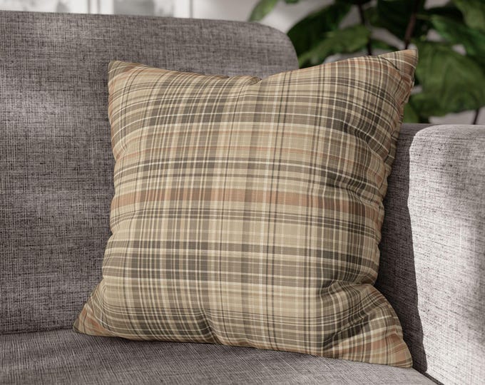 Neutral Tan Tartan Plaid Square Throw Pillow | Rustic Beige Brown Stripe Accent Cushion | Cabin Lodge Cottagecore Decor (18"x18")