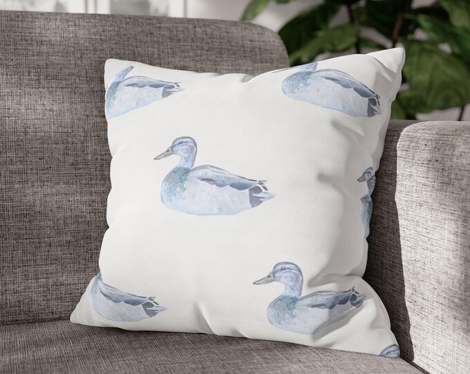 Watercolor Blue Duck Pattern Pillow | Square Poly Canvas Pillow | 18"x18"