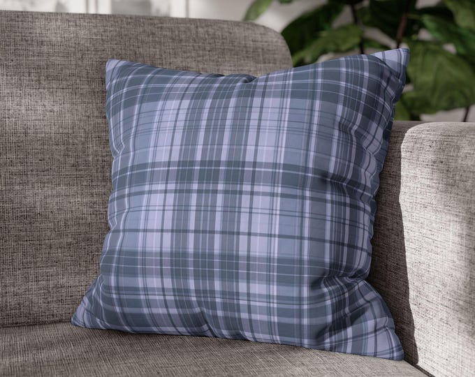 Blue Gray Plaid Square Throw Pillow | Tartan Canvas Accent Cushion (18"x18")