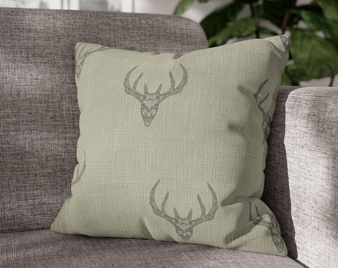 Antler Skull Pattern Square Throw Pillow | Deer Head Neutral Canvas Accent Cushion (18"x18")