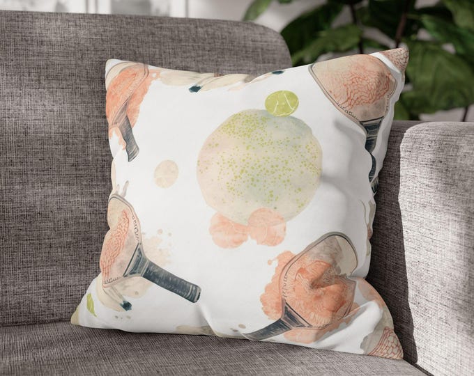 Watercolor Peach Tennis Racquet Pattern Pillow | Square Poly Canvas Pillow | 18"x18"