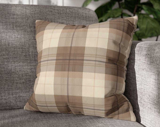 Neutral Brown Tartan Plaid Square Throw Pillow | Cozy Tan Beige Striped Farmhouse Accent Cushion | Cozy Cabin Cottage (18"x18")