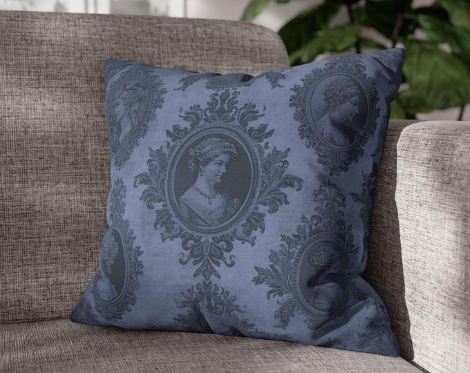Vintage Blue Cameo Portrait Throw Pillow | Square Poly Canvas Accent Cushion (18"x18")