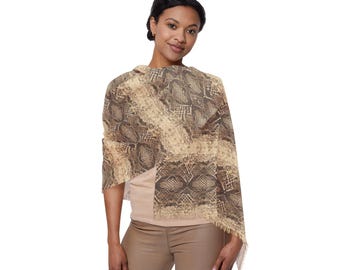 Neutral Brown Beige Python Snakeskin Animal Print Lightweight Neck Scarf | Luxury Shoulder Wrap | Elegant Resort Travel Accessory (27"x71")