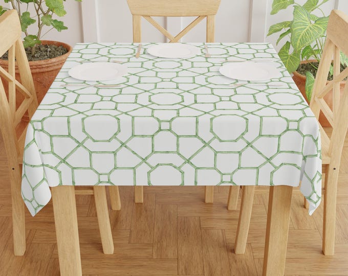 Green Geometric Lattice Tablecloth | Modern Trellis Pattern