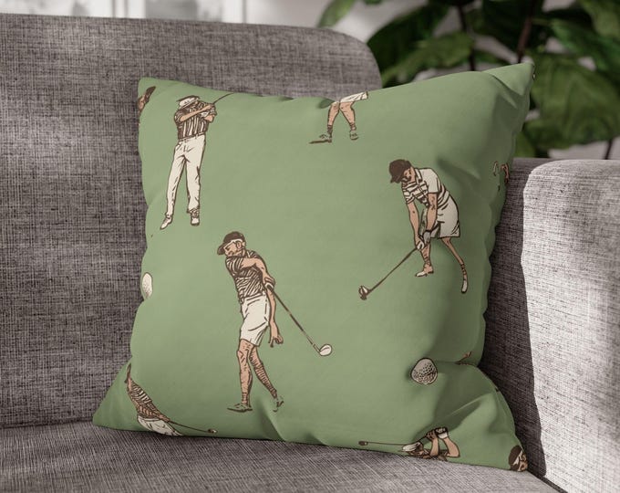 Vintage Golfers Pattern Square Pillow | Retro Golf Illustration, Green Club Motif Cushion | 18"x18"
