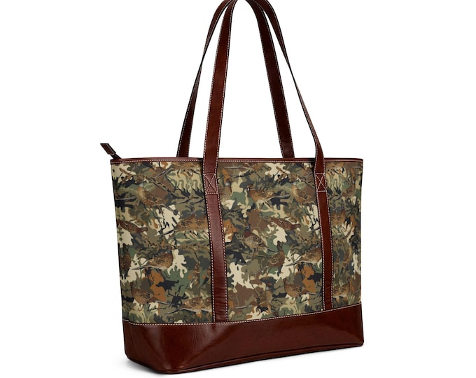Camouflage Pattern Handbag | Camo Tote, Brown Leather Trim