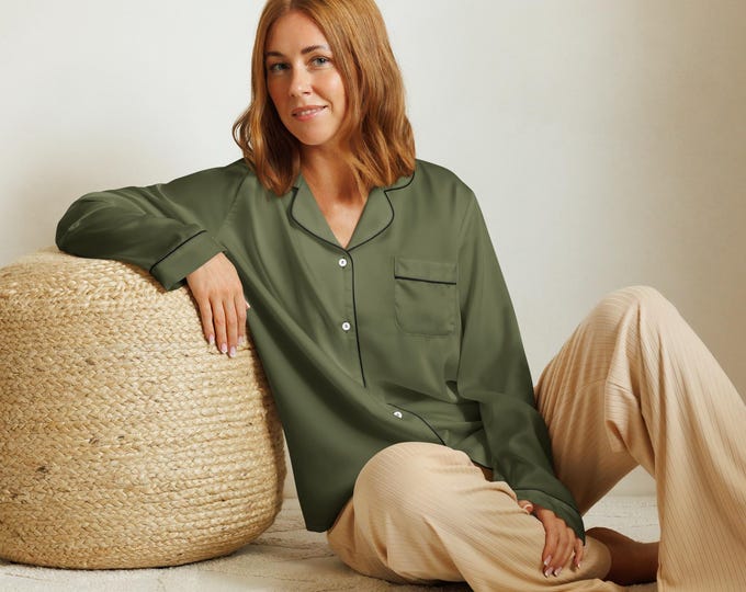 Evergreen Estate Luxury Solid Long Sleeve Pajama Top – Silky Relaxed Fit Sleep Shirt | Coastal Preppy Loungewear | Matching Nightwear