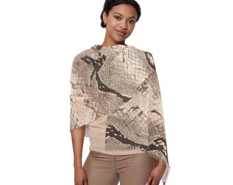 Neutral Beige Gray Python Snakeskin Animal Print Lightweight Neck Scarf | Luxury Shoulder Wrap | Elegant Resort Travel Accessory (27"x71")