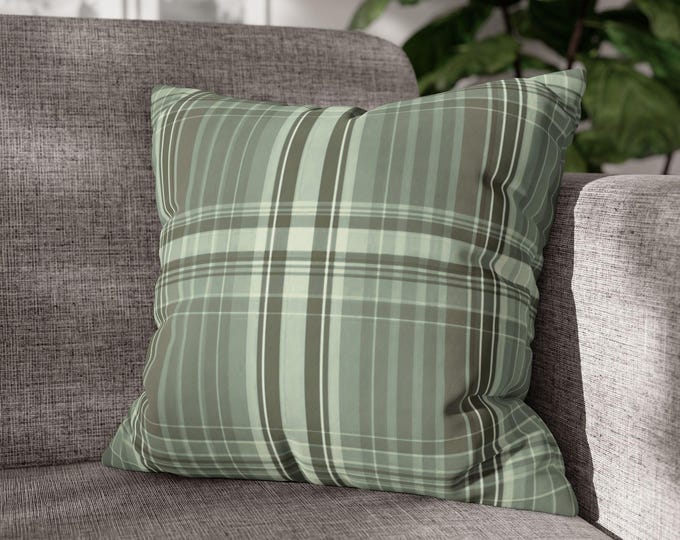 Green Plaid Tartan Square Throw Pillow | Cozy Poly Canvas Accent Cushion | Preppy Lodge Home Decor (18"x18")