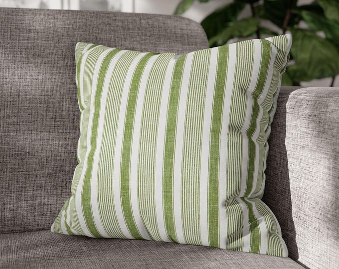 Green Stripe Pattern Square Poly Canvas Throw Pillow | Coastal Farmhouse Cozy Decorative Striped Accent Cushion (18"x18")