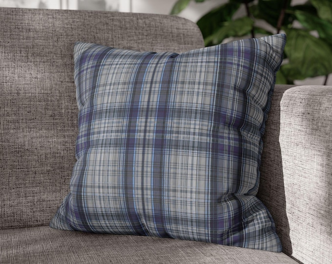 Blue Gray Tartan Plaid Square Throw Pillow | Poly Canvas Accent Cushion | Preppy Lodge Home Decor (18"x18")