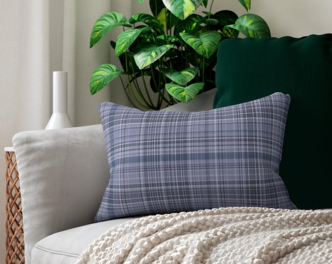 Blue Gray Plaid Lumbar Pillow | Plaid Accent Pillow, Decorative Cushion