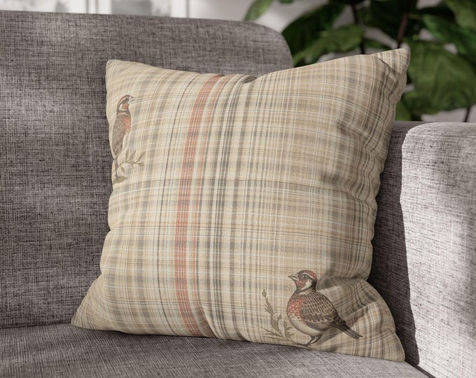 Vintage Plaid Sparrow Pillow | Square Poly Canvas Pillow | 18"x18"