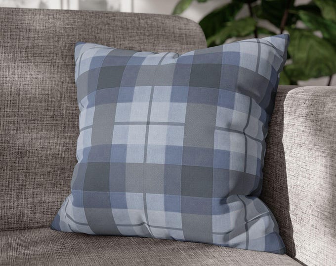 Blue Gray Plaid Square Throw Pillow | Buffalo Check Decorative Accent Cushion (18"x18")