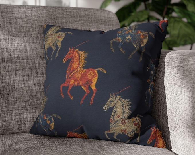Vintage Horse Pattern Square Pillow | Navy Equestrian Throw Pillow | 18"x18"