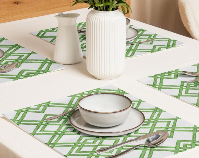 Preppy Trellis Placemats – Set of 4 | Elegant Green & White Farmhouse Table Decor