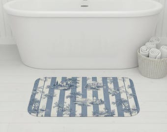 Blue Toile Stripes Bath Mat | Coastal Cottage Scenic Pattern