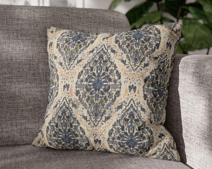 Vintage Moroccan Tile Navy Beige Throw Pillow | Square Poly Canvas Accent Cushion (18"x18")