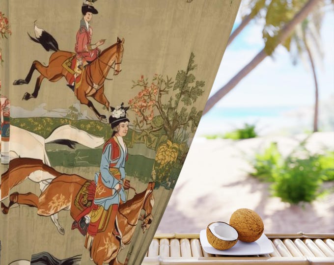 Equestrian Riding Scene Window Curtain | Vintage Horse Riders Pattern