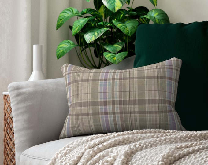 Neutral Plaid Pattern Lumbar Pillow | Beige Tartan Decorative Pillow