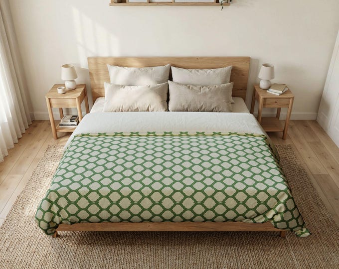 Preppy Trellis Duvet Cover | Green Ivory Geometric Bedding | Coastal Classic Preppy Bedroom Decor | Twin/Queen/King