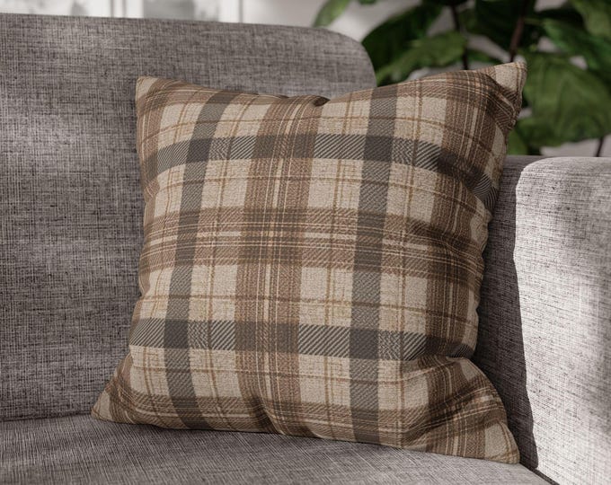 Brown Tartan Plaid Throw Pillow | Square Canvas Accent Cushion, Rustic Cabin Decor (18"x18")