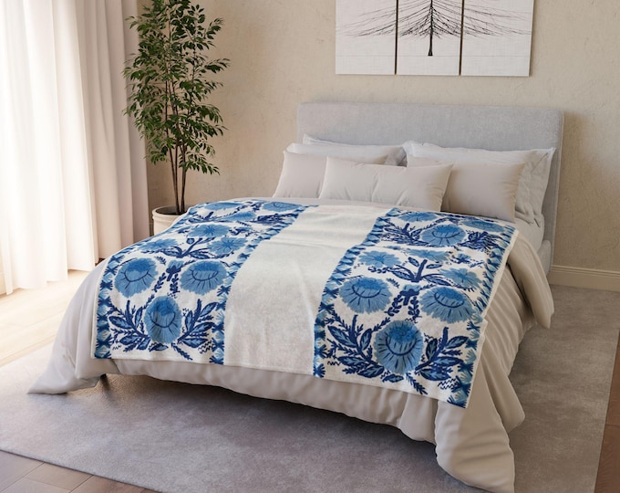Blue & White Botanical Throw Blanket 50x60 | Vintage Floral Cottage Garden Decor