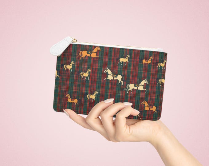 Tartan Horse Pattern Mini Clutch Bag | Plaid Equestrian Wristlet