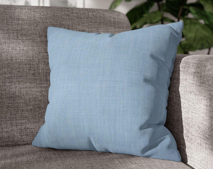 Solid Light Blue Linen Texture Square Throw Pillow | Cozy Decorative Canvas Accent Cushion (18"x18")