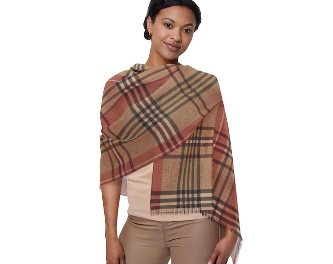 Classic Beige Tan Brown Tartan Plaid Light Scarf | Preppy Stripe Pattern Equestrian Accessory (27"x71")