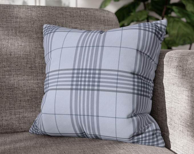 Blue Gray Tartan Plaid Pattern Square Poly Canvas Throw Pillow | Cozy Preppy Stripe Pattern Accent Cushion (18"x18")