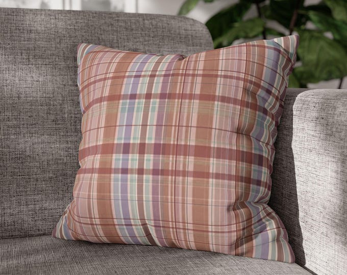 Pink Tartan Plaid Square Poly Canvas Throw Pillow | Preppy Pastel Accent Cushion | Lodge Cabin Home Decor, Cottagecore (18"x18")