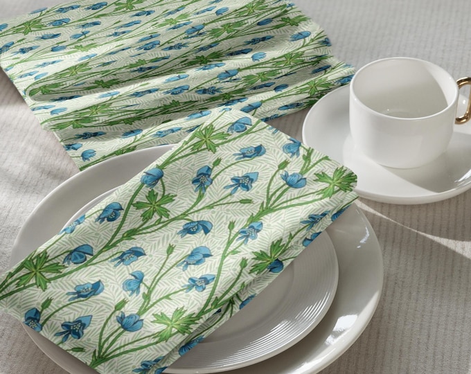 Blue & Green Botanical Cloth Napkins Set of 4 | Vintage Floral Table Linens